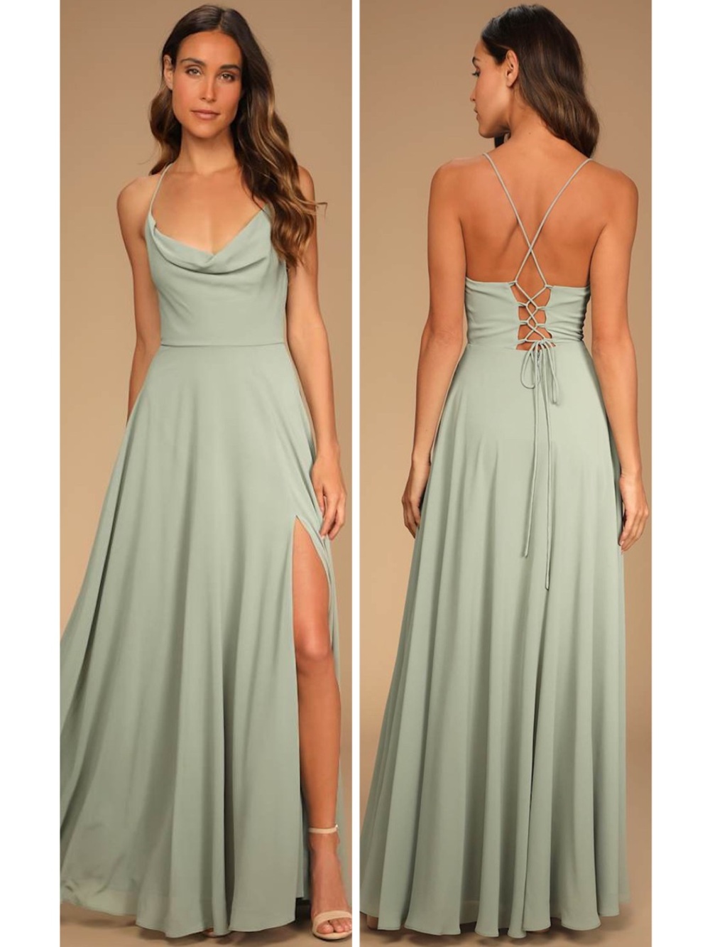 Lulus Romantically Speaking Sage Green Cowl Lace-Up Maxi Dress Size Medium